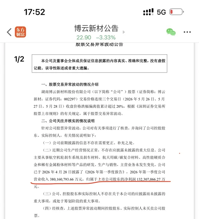 博云新材惊现单季度1.3万亿利润,脚踢三星海力士,拳打英伟达,可惜公告不认真搞错了小数点!